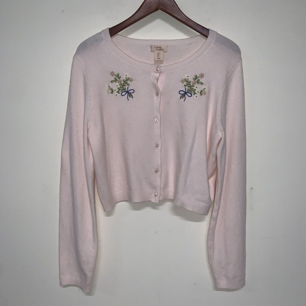 Camila Coelho Pink Floral Embroidered Button Crop Sweater Large Cottage Office